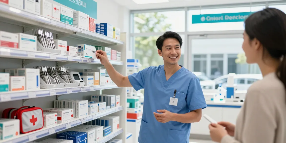 Explore medical supplies from Canada, with a healthcare professional assisting a customer in a bright, modern store.