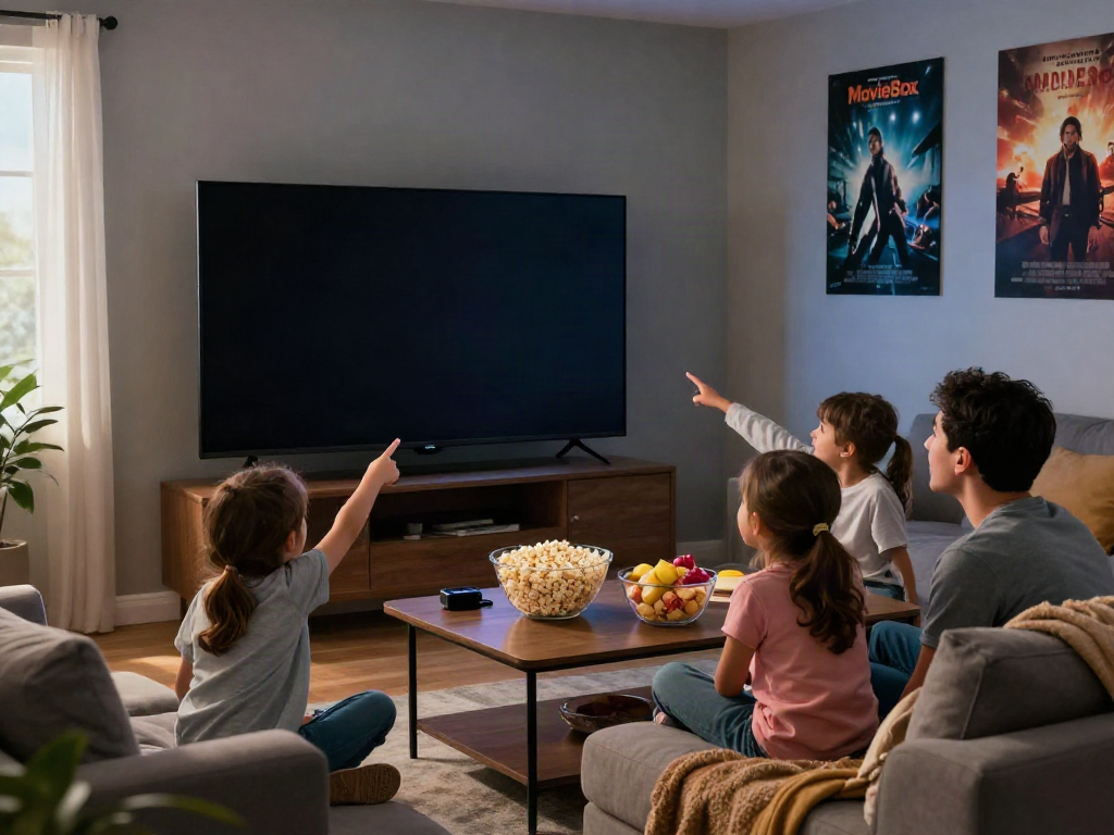Family enjoying movie night with MovieBox app on large TV in cozy living room.