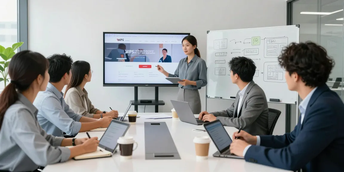 Dynamic team collaboration around WPS Official Website presentation showing vibrant modern office environment.