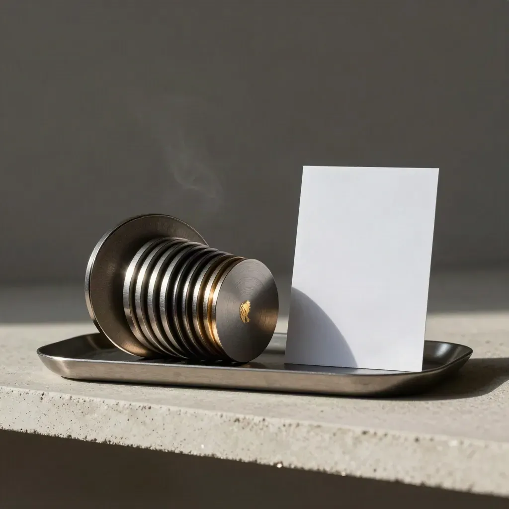 Concentric ring tokens, frosted card sleeve, and metal tray on a concrete shelf