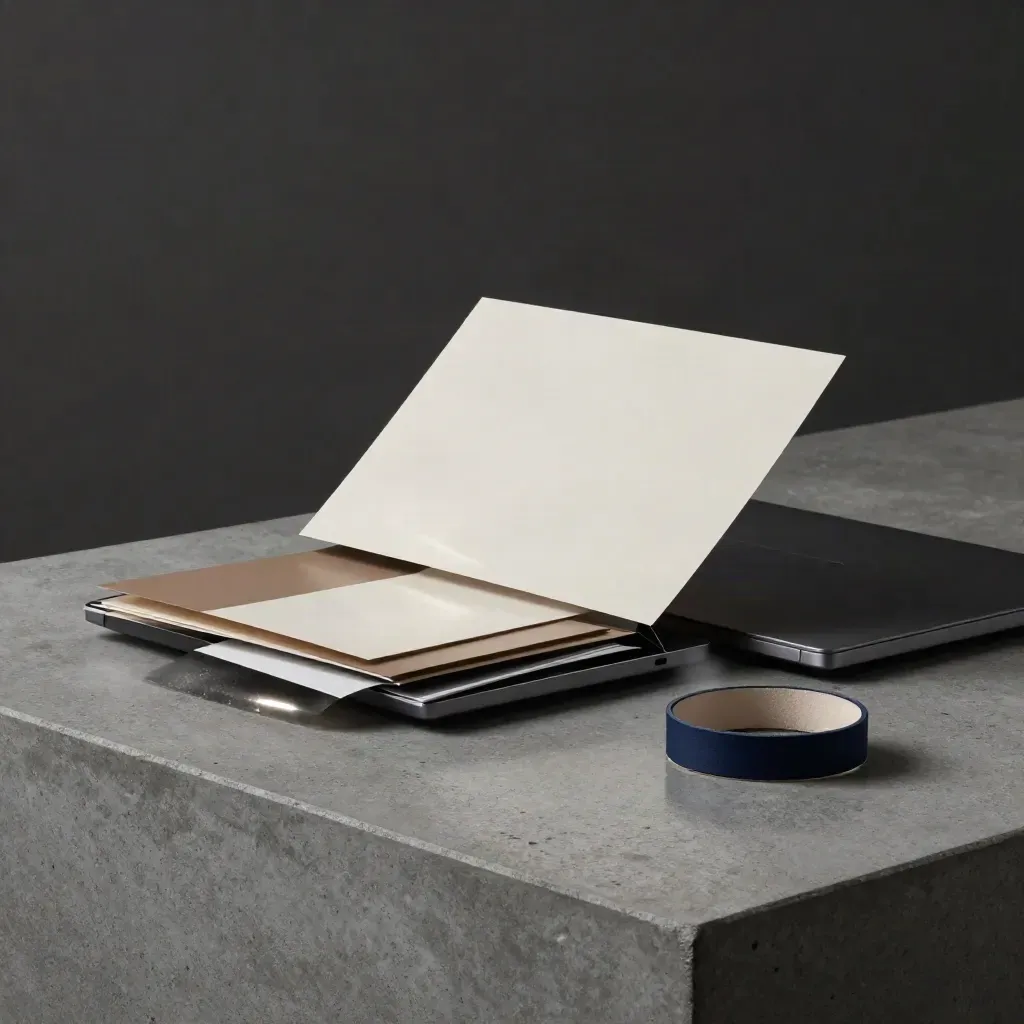 Open launch bundle with laptop, swatches, and mockup boards in a dramatic studio setup