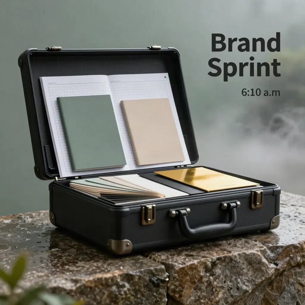 Unbranded brand strategy case with wireframe boards, audit folio, swatches and gold sleeve.
