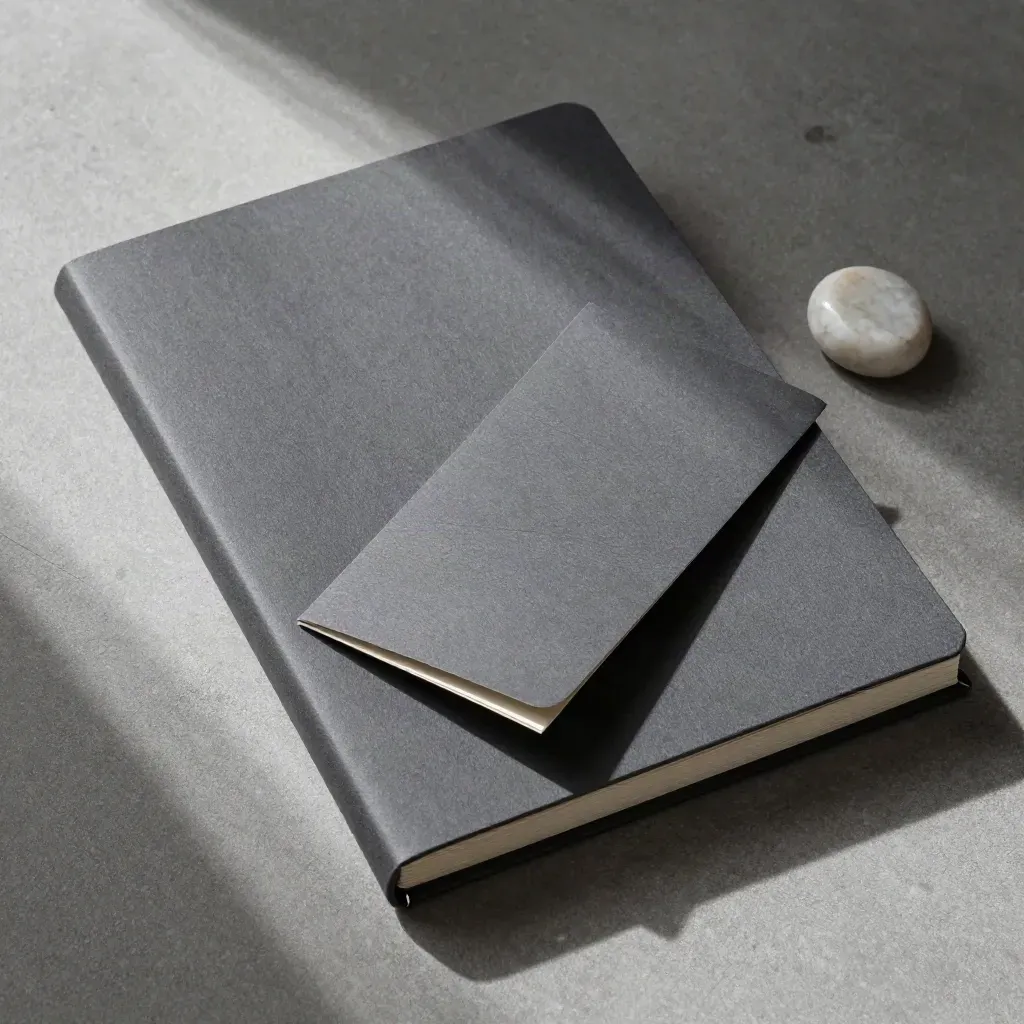 Overhead charcoal audit folio with divider cards and stone paperweight on pale concrete.