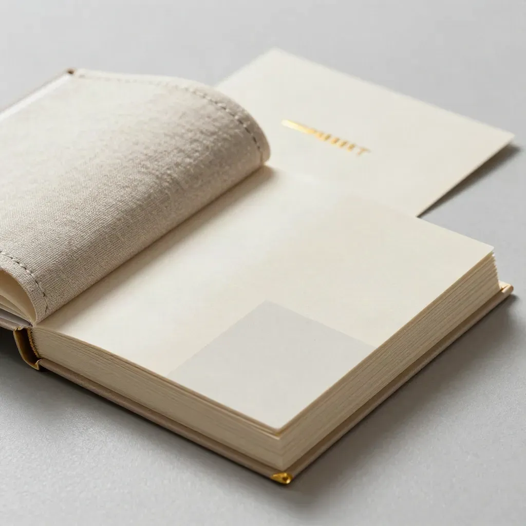 Macro of a cream swatch book, die-cut tiles and linen wrap on pewter with gold accents.