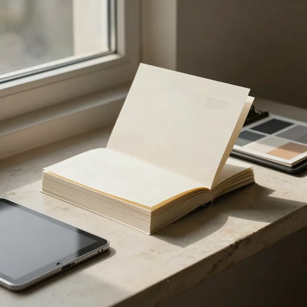 Dark agency proof bundle with tablet and clip tray on pale plaster, lit by cool window light.