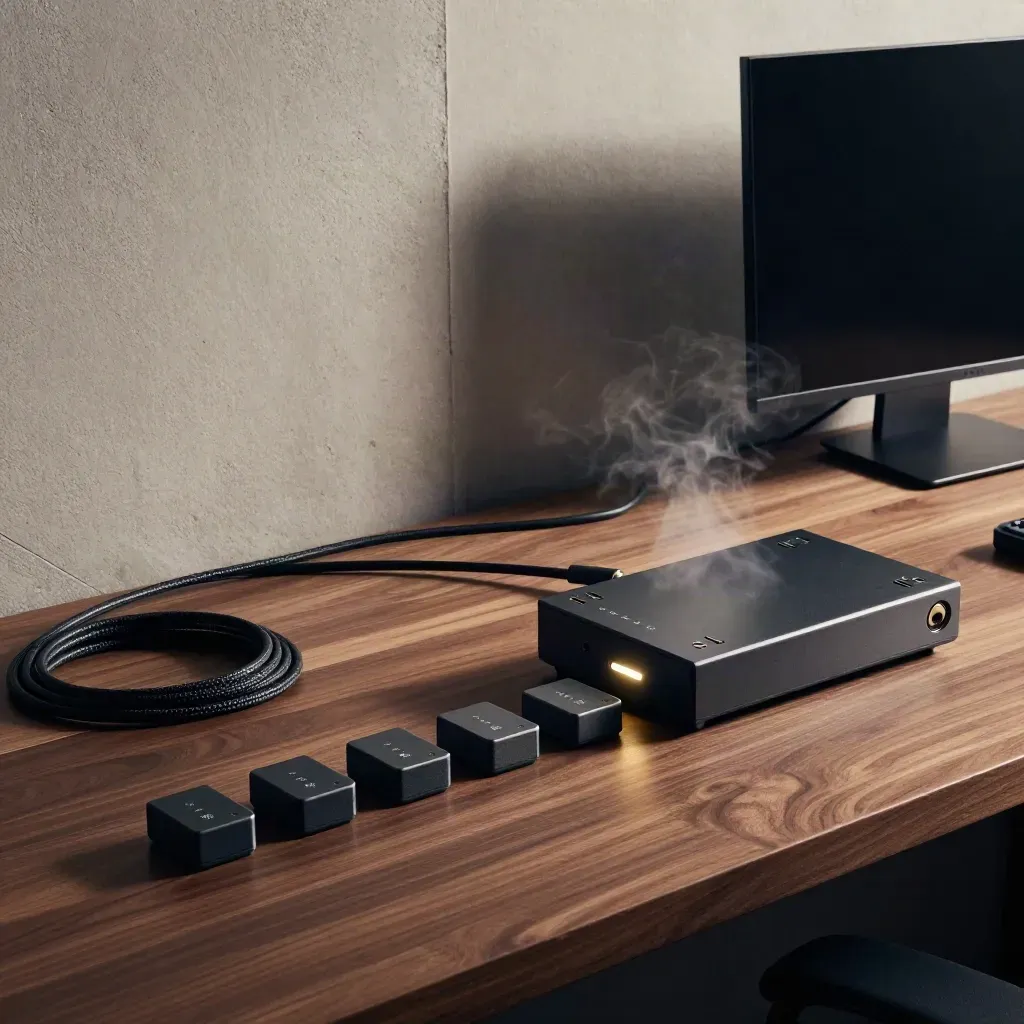 Dark analytics module with sensor pucks and cable loops in a moody studio corner.