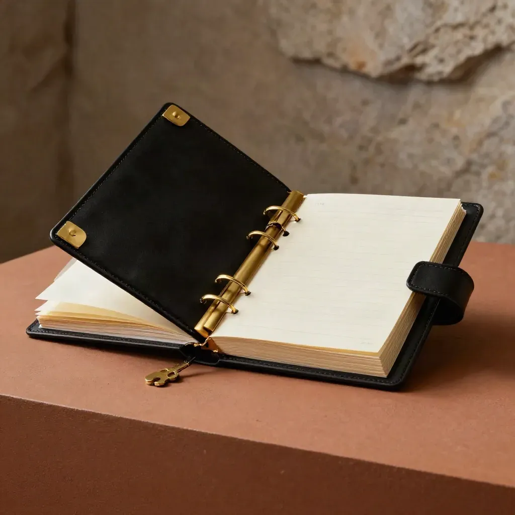 Open black strategy binder with brass dividers and a white ribbon on terracotta stone