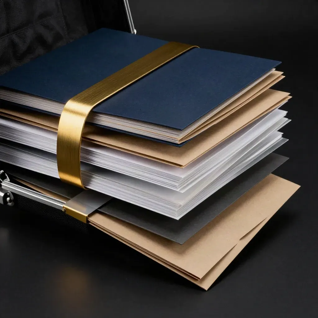 Open launch bundle with gold bands, navy folders and white panels bursting from a case.