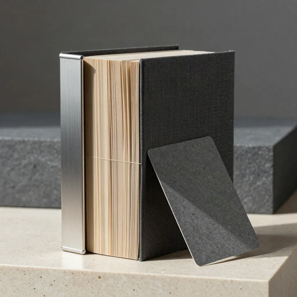 Open dark linen audit folio with silver spine and fanned tabs on travertine plinth