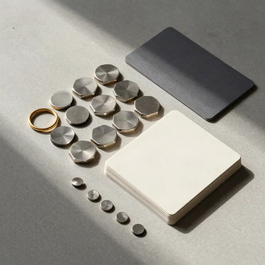 Overhead flatlay of metal tokens, gold reset ring and card stack on concrete