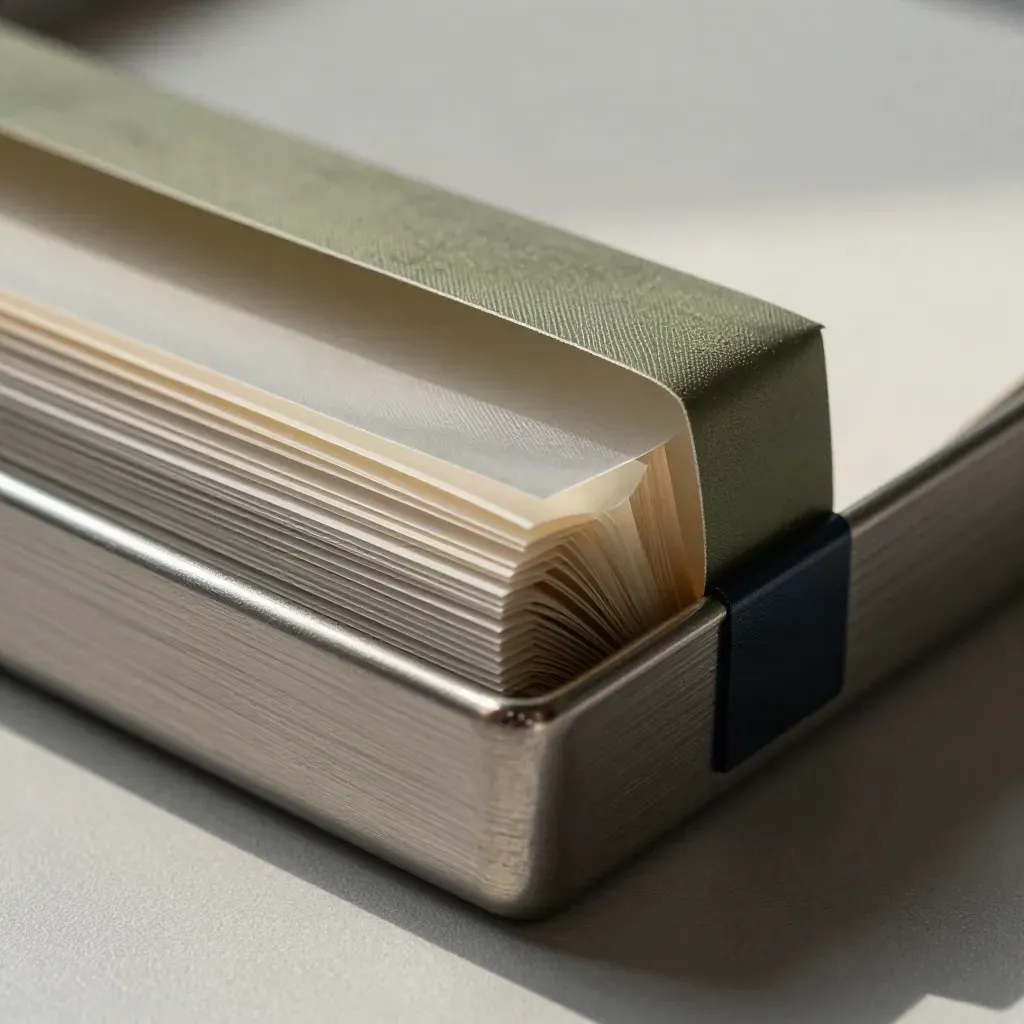 Macro of a brushed-metal file case with translucent sheets and a swatch ribbon