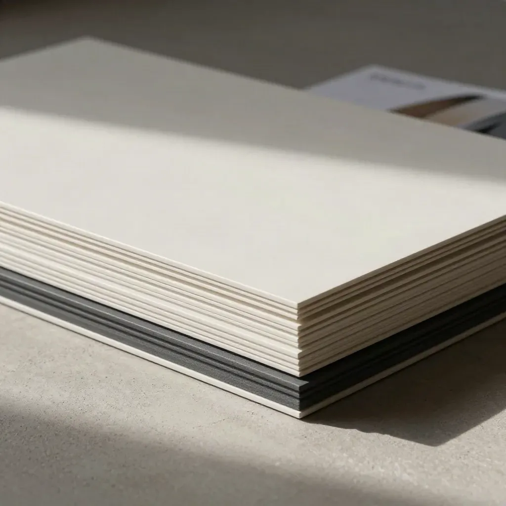 Layered white panels on a dark base, shot low on pale concrete with misty light.