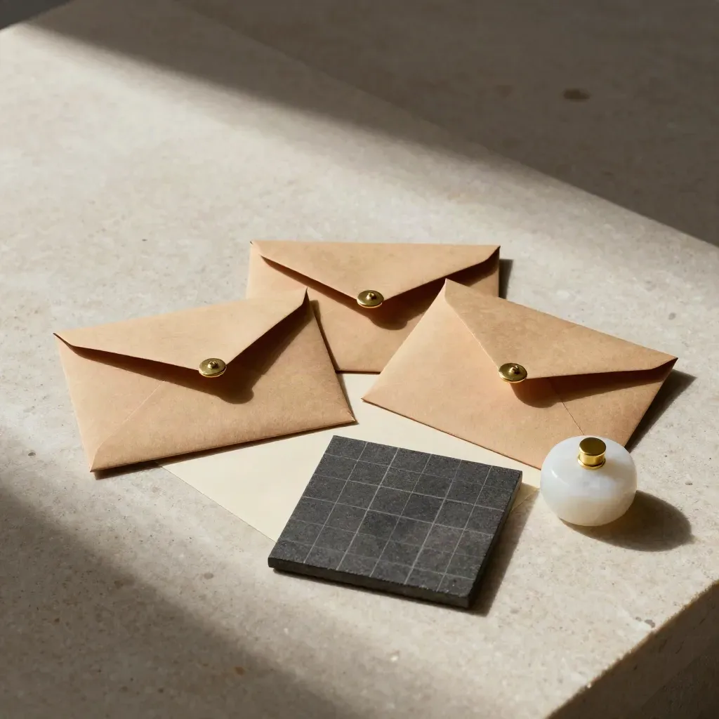 Overhead flatlay of three archival envelopes, a grid tile, and a stone weight on pale limestone.