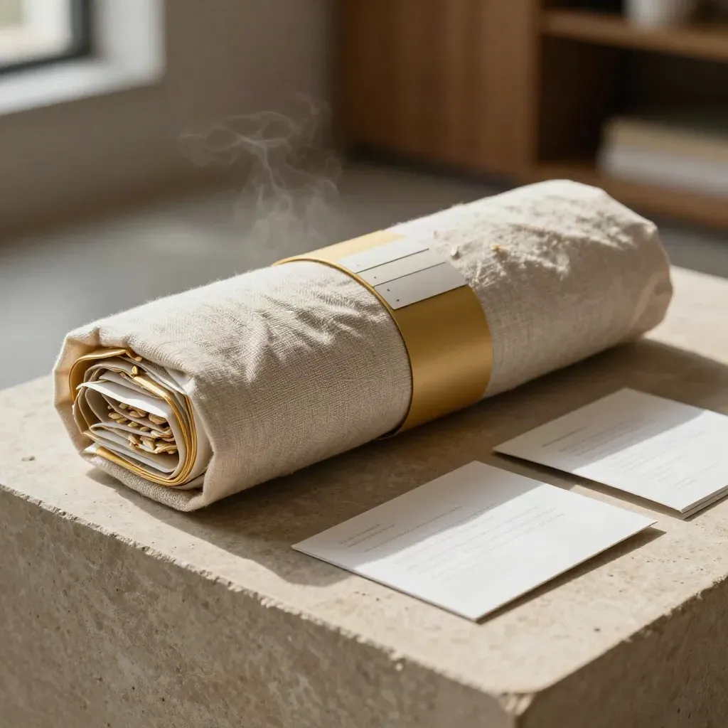 Linen-wrapped growth plan bundle with gold band on a stone plinth