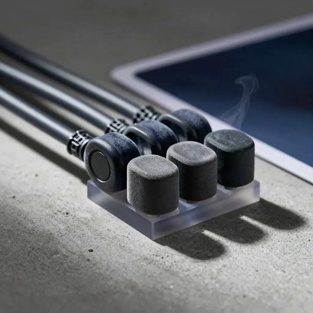 Dark analytics module with cable loops, sensor pucks and translucent mount in a macro close-up.