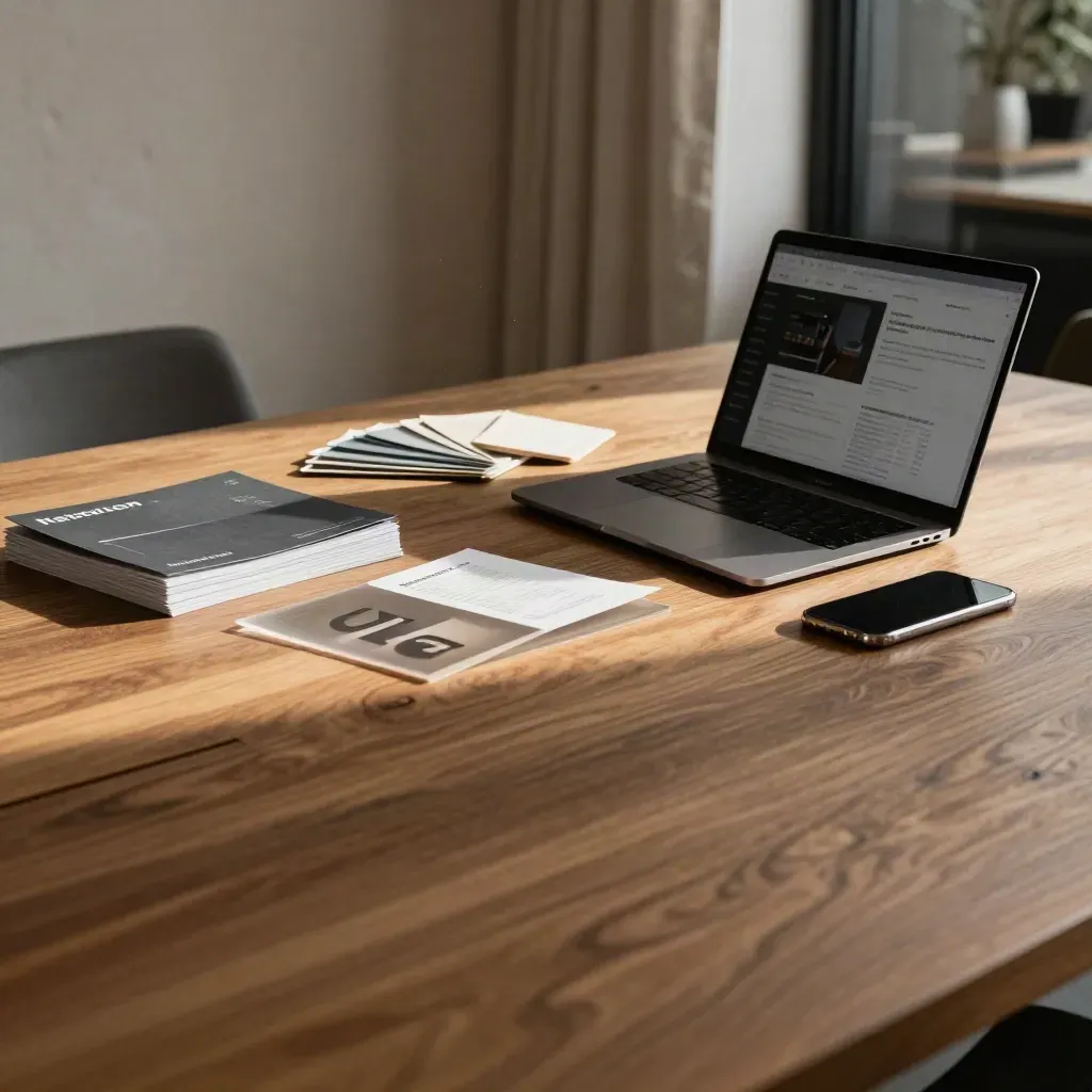 Warm oak conference table with laptop, logo studies, and linen light against a plaster wall.