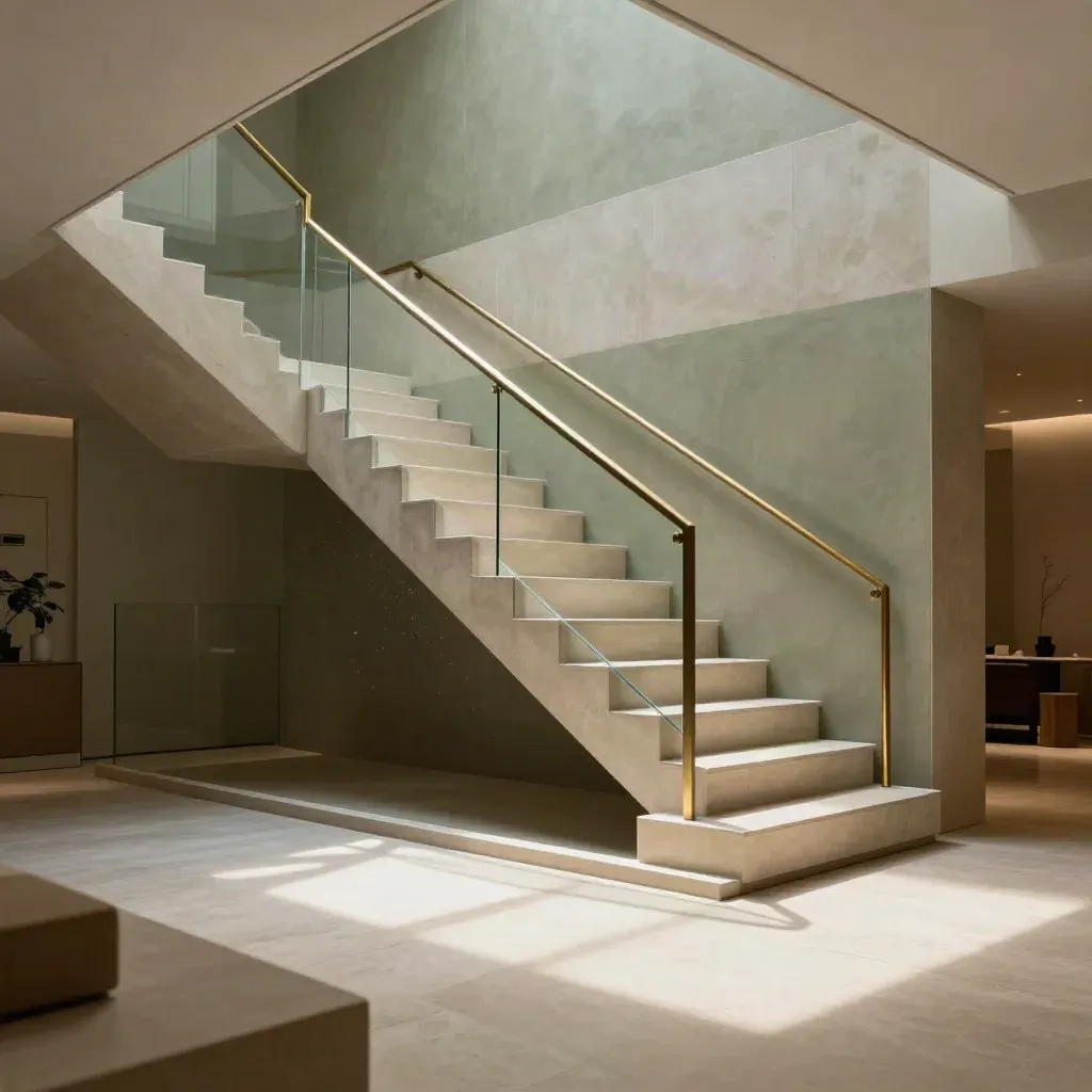 Sunlit stone stair hall with glass rails and warm brass details, calm space below for copy.