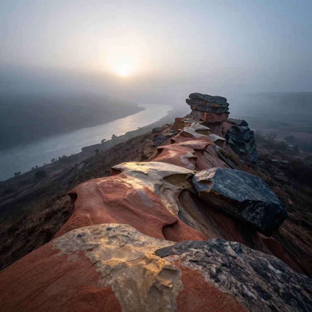 Foggy sunrise ridge above a river valley with a single rock outcrop and misty copy space