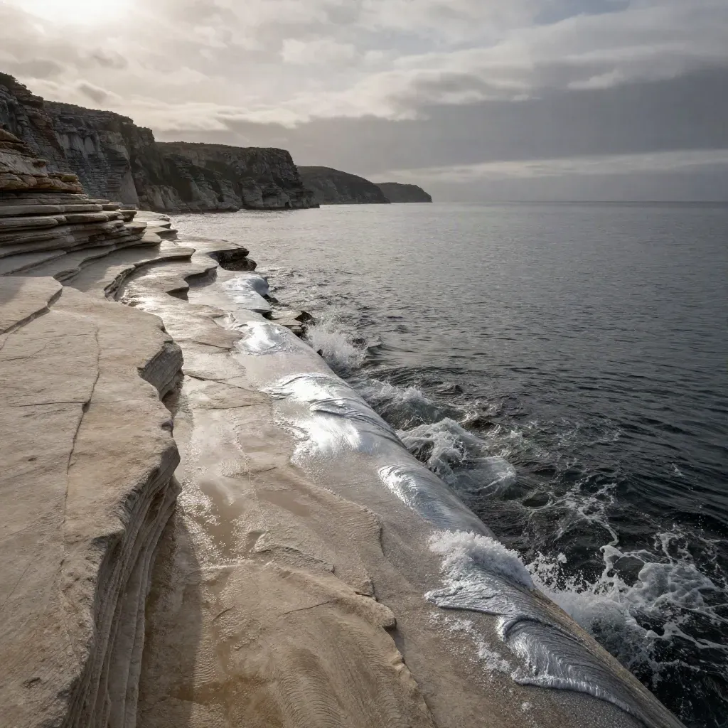 Cliff-height coastal limestone shelf with surf lines, haze, and distant headland under thinning clouds.