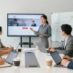 Dynamic team collaboration around WPS Official Website presentation showing vibrant modern office environment.