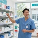 Explore medical supplies from Canada, with a healthcare professional assisting a customer in a bright, modern store.