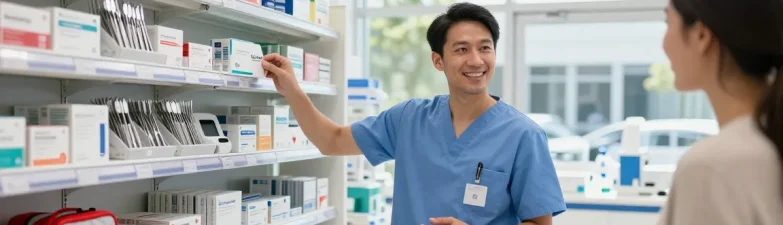 Explore medical supplies from Canada, with a healthcare professional assisting a customer in a bright, modern store.