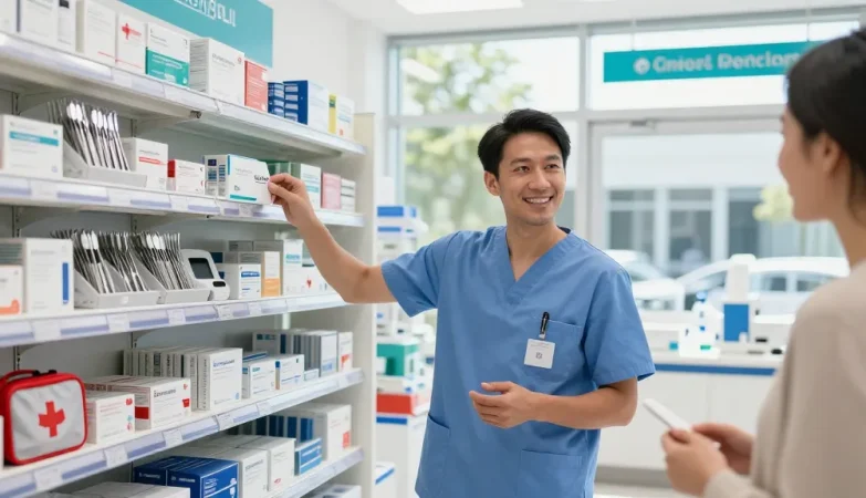 Explore medical supplies from Canada, with a healthcare professional assisting a customer in a bright, modern store.